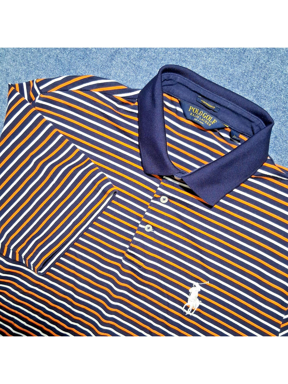 Polo Golf Ralph Lauren Men's LG Blue/Orange/ White Striped S/Sleeve Polo Shirt